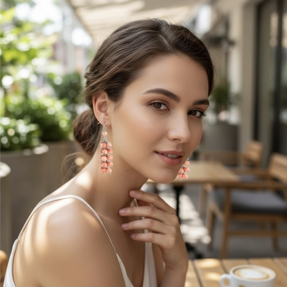 Hand Crafted Jewelry - Red Coral Dangle Earrings ✦ 35.00ctw Sterling Silver ✦ Rhodium French Hooks NWT